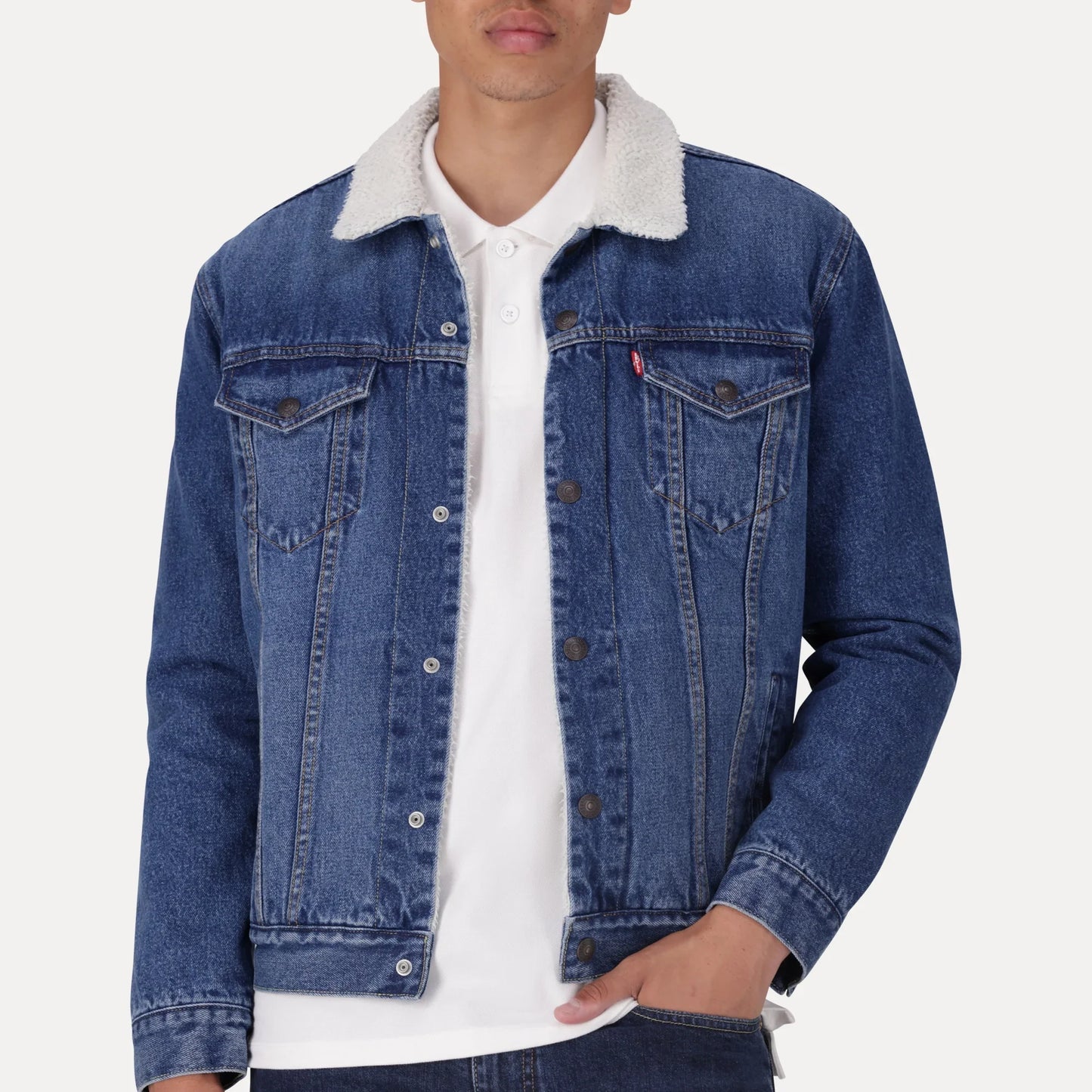 LEVI'S® MEN'S TYPE III SHERPA TRUCKER JACKET - MED INDIGO - WORN IN
