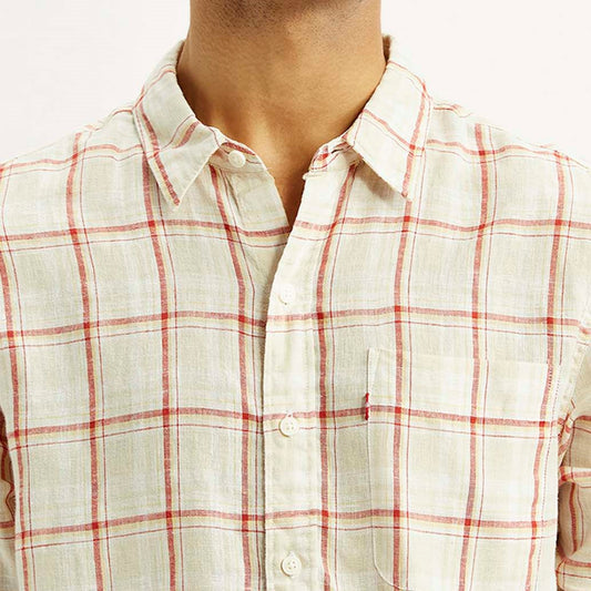 LEVI'S®MEN'S CHECKERED LIGHT PINK SLIM FIT LINEN SHIRT - MULTI COLOUR