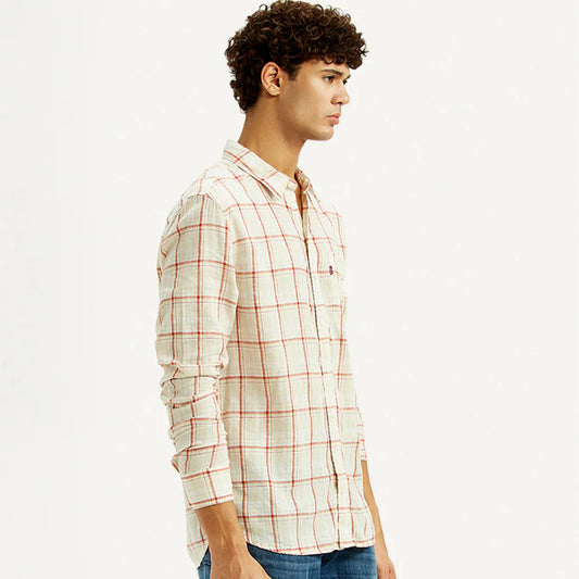 LEVI'S®MEN'S CHECKERED LIGHT PINK SLIM FIT LINEN SHIRT - MULTI COLOUR