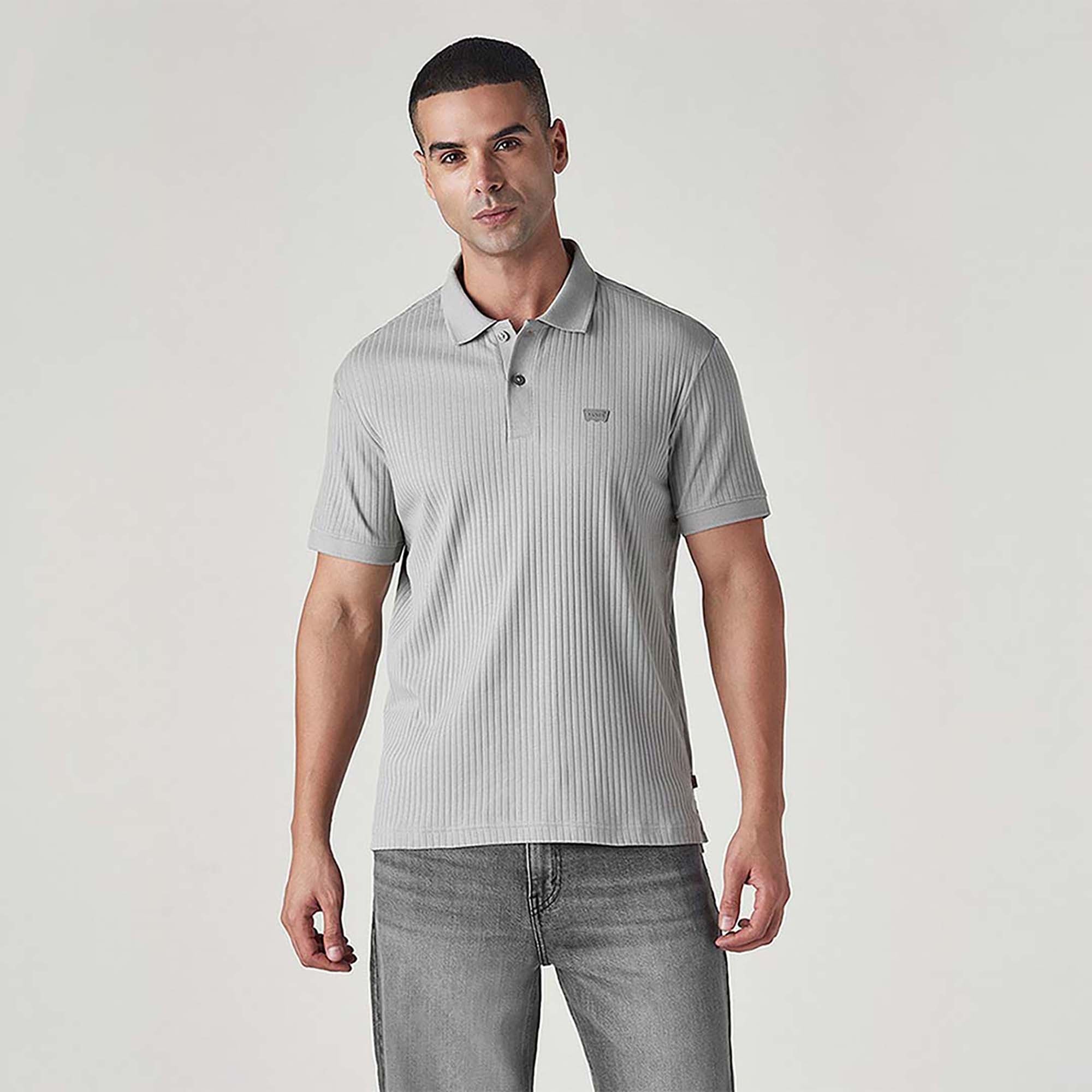 MEN'S TEXTURED GREY RIBBED POLO T-SHIRT - GREY