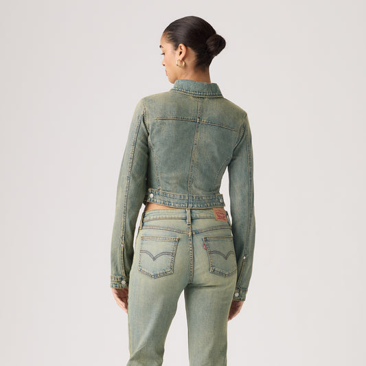 LEVI'S® WOMEN'S Y2K STRETCH FITTED TRUCKER JACKET - MED INDIGO - WORN IN
