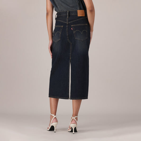 LEVI'S® WOMEN'S DECONSTRUCTED SLIT MIDI SKIRT - DARK INDIGO - WORN IN