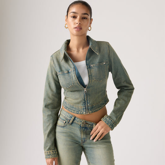 LEVI'S® WOMEN'S Y2K STRETCH FITTED TRUCKER JACKET - MED INDIGO - WORN IN