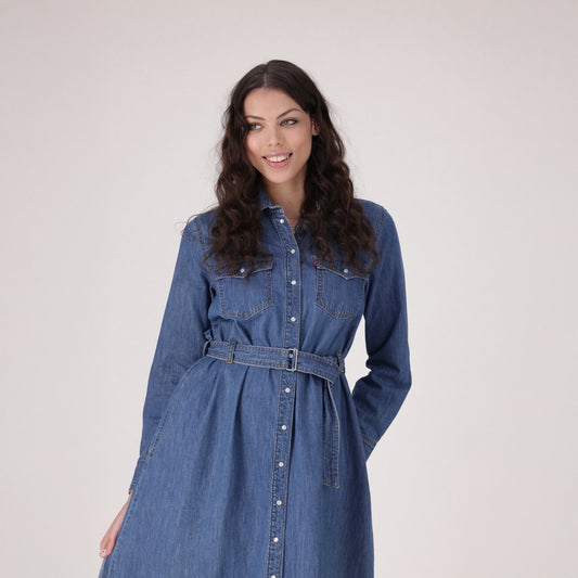 LEVI'S® WOMEN'S QUINCEY LONG-SLEEVE MAXI DRESS - MED INDIGO - FLAT FINISH