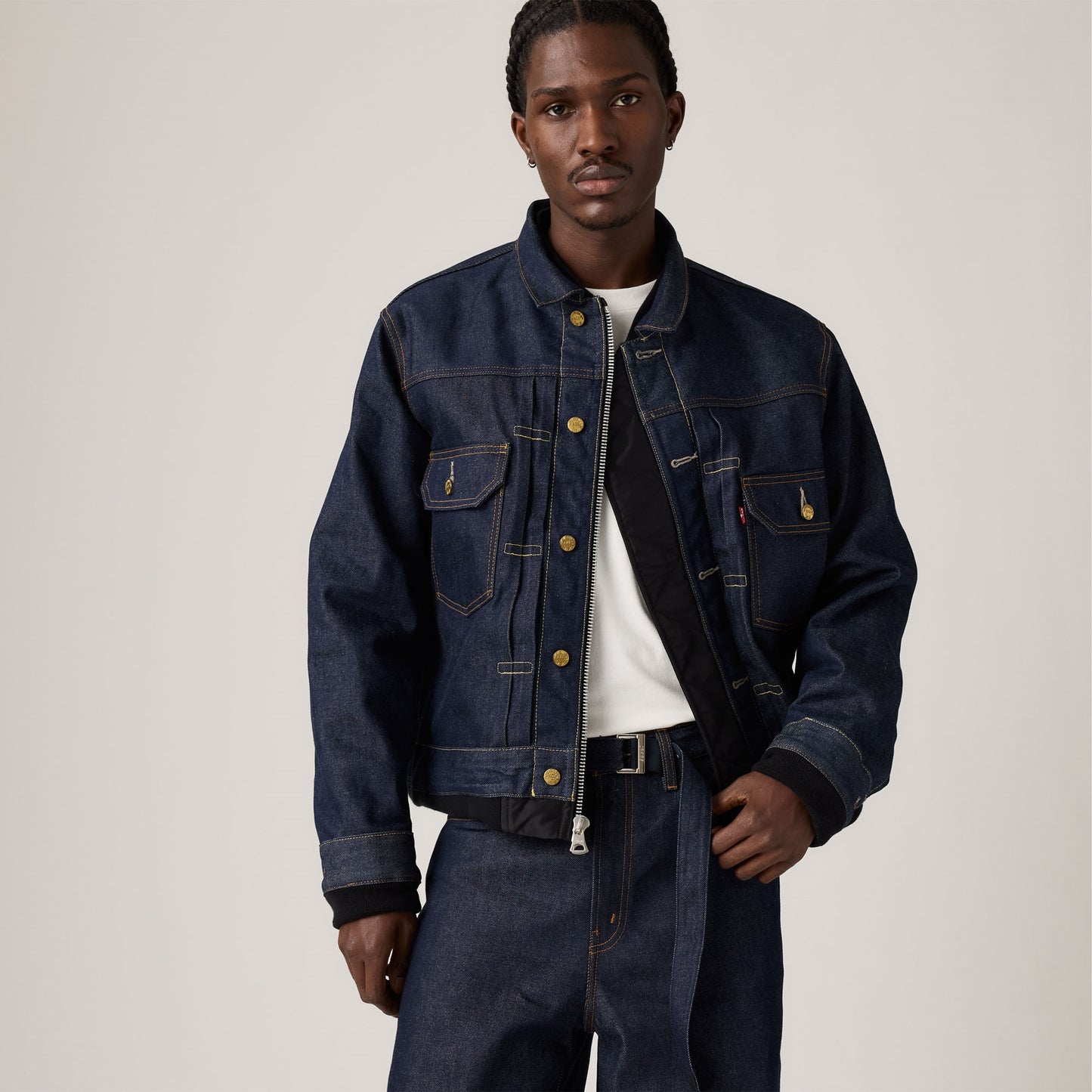 LEVI'S® X SACAI MEN'S DENIM X NYLON TWILL REVERSIBLE BLOUSON - MED INDIGO - WORN IN