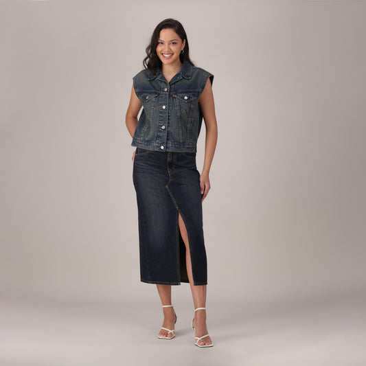 LEVI'S® WOMEN'S DECONSTRUCTED SLIT MIDI SKIRT - DARK INDIGO - WORN IN