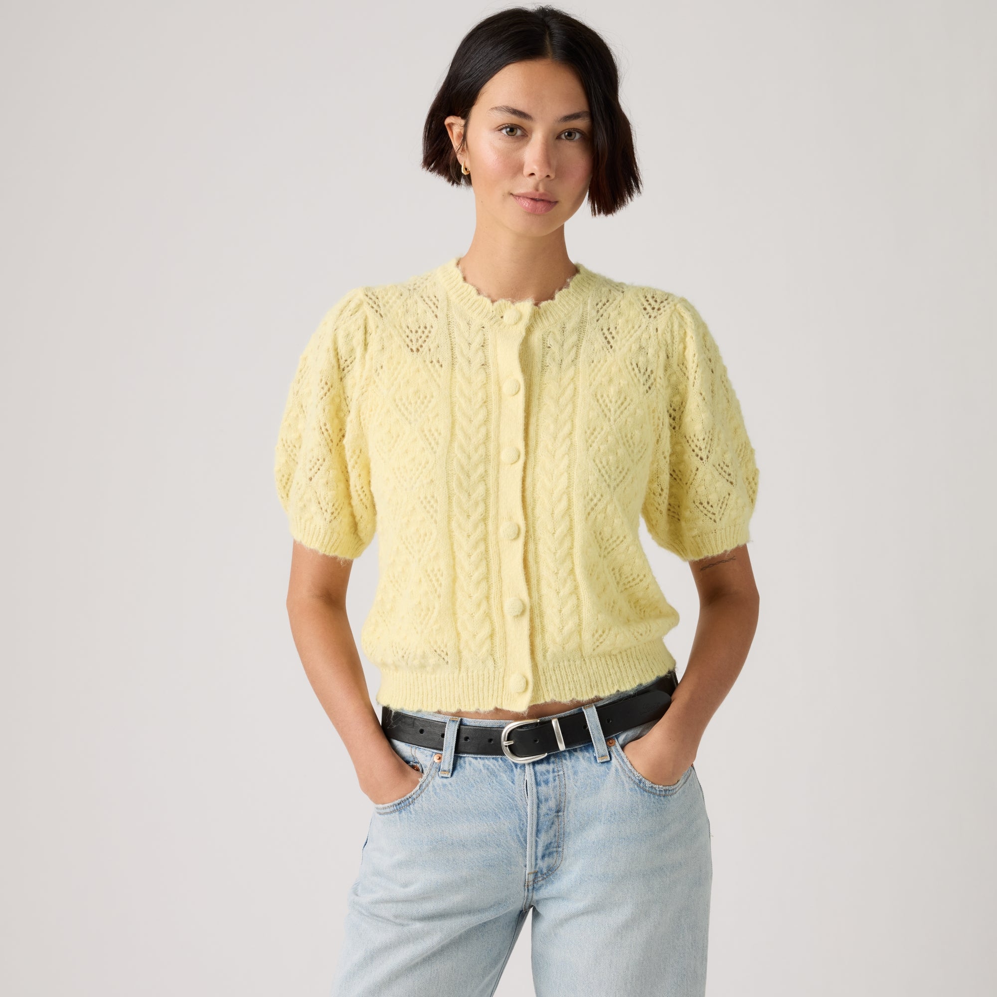 LEVI'S® WOMEN'S PAULINE POINTELLE SHORT-SLEEVE CARDIGAN - YELLOW