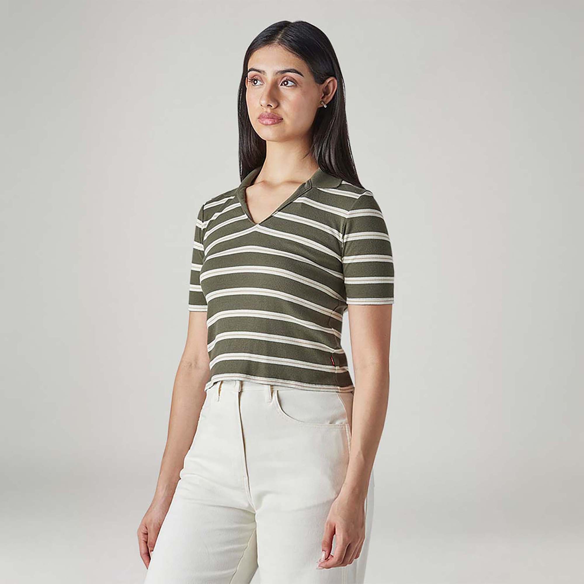 LEVI'S® WOMEN'S STRIPED SLIM FIT RIBBED POLO T-SHIRT - MULTI-COLOR