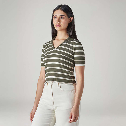 LEVI'S® WOMEN'S STRIPED OLIVE SLIM FIT RIBBED POLO T-SHIRT - MULTI-COLOR