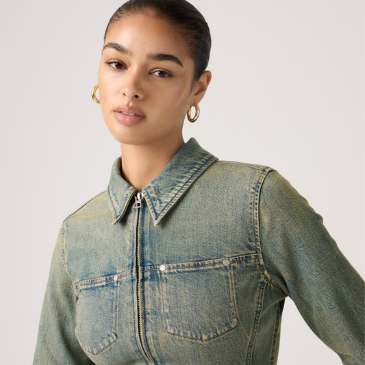 LEVI'S® WOMEN'S Y2K STRETCH FITTED TRUCKER JACKET - MED INDIGO - WORN IN
