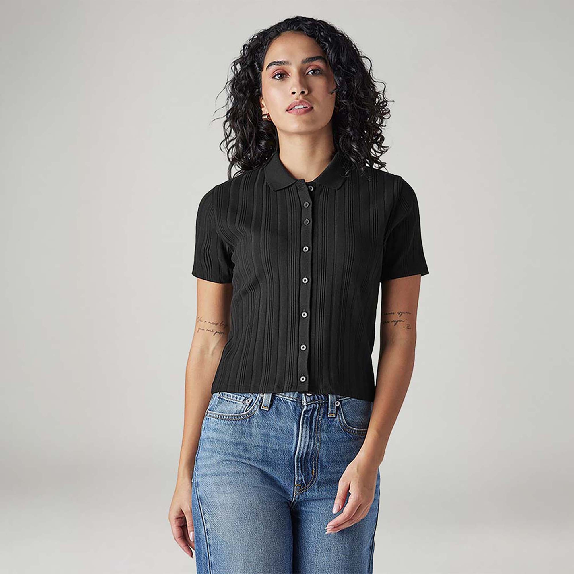 WOMEN'S TEXTURED SLIM FIT RIBBED SHIRT - BLACK