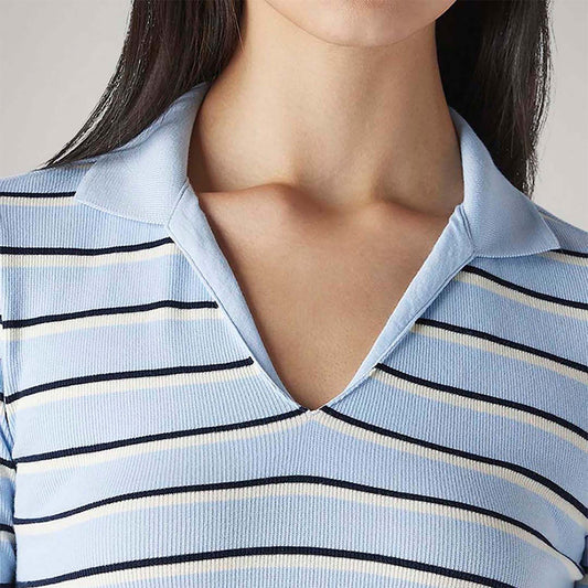 LEVI'S® WOMEN'S STRIPED LIGHT-BLUE SLIM FIT RIBBED POLO T-SHIRT - MULTI-COLOR