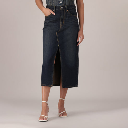 LEVI'S® WOMEN'S DECONSTRUCTED SLIT MIDI SKIRT - DARK INDIGO - WORN IN