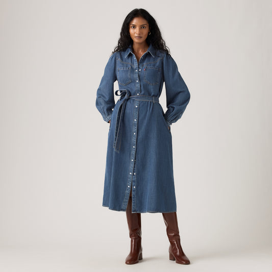 LEVI'S® WOMEN'S JOURNEY LONG-SLEEVE MAXI DRESS - MED INDIGO - FLAT FINISH