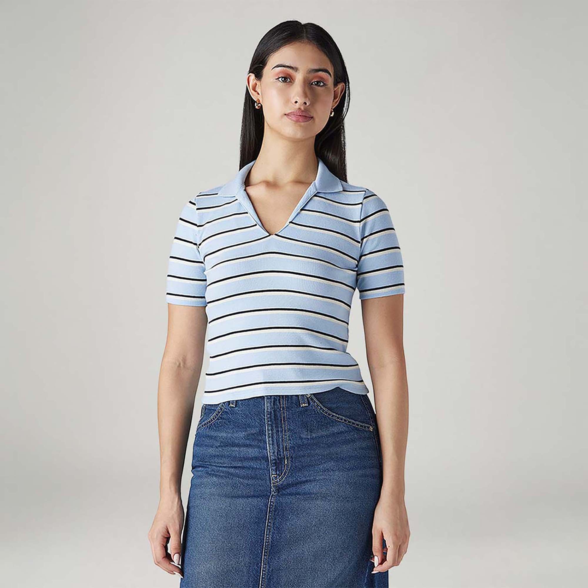LEVI'S® WOMEN'S STRIPED LIGHT-BLUE SLIM FIT RIBBED POLO T-SHIRT - MULTI-COLOR
