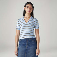 LEVI'S® WOMEN'S STRIPED LIGHT-BLUE SLIM FIT RIBBED POLO T-SHIRT - MULTI-COLOR