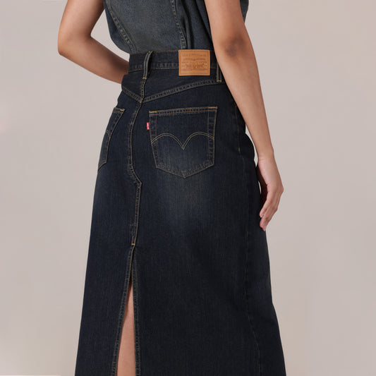 LEVI'S® WOMEN'S DECONSTRUCTED SLIT MIDI SKIRT - DARK INDIGO - WORN IN