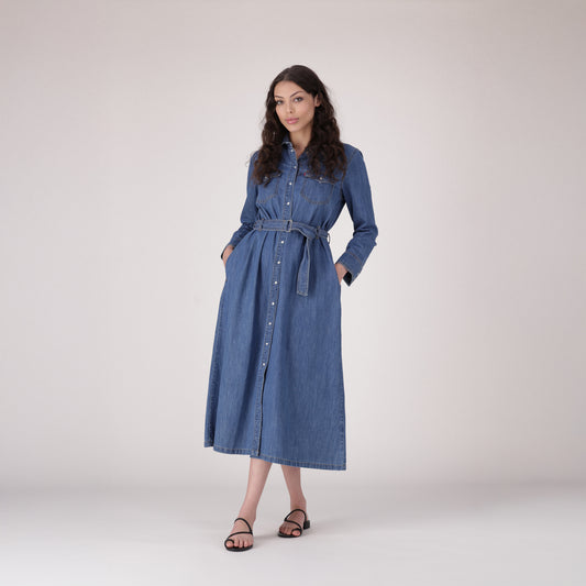 LEVI'S® WOMEN'S QUINCEY LONG-SLEEVE MAXI DRESS - MED INDIGO - FLAT FINISH