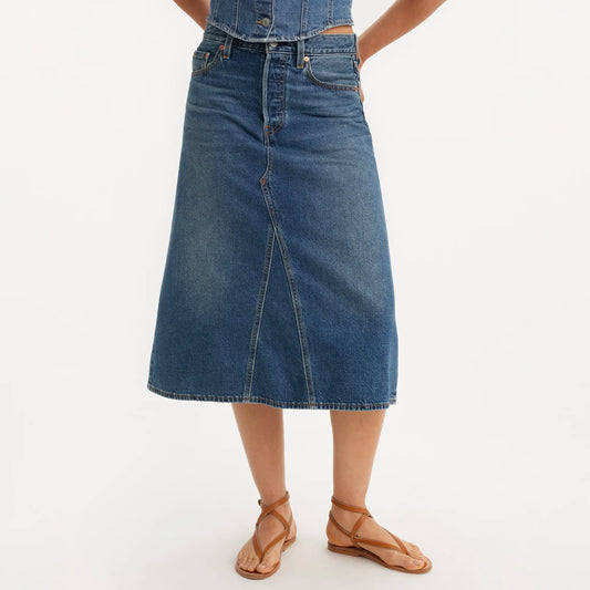 LEVI'S® WOMEN'S HIGH-RISE A-LINE DECONSTRUCTED SKIRT - MED INDIGO - WORN IN
