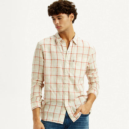LEVI'S®MEN'S CHECKERED LIGHT PINK SLIM FIT LINEN SHIRT - MULTI COLOUR
