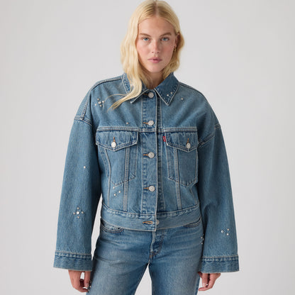 LEVI'S® WOMEN'S LOOSE CROP TRUCKER JACKET - MED INDIGO - WORN IN