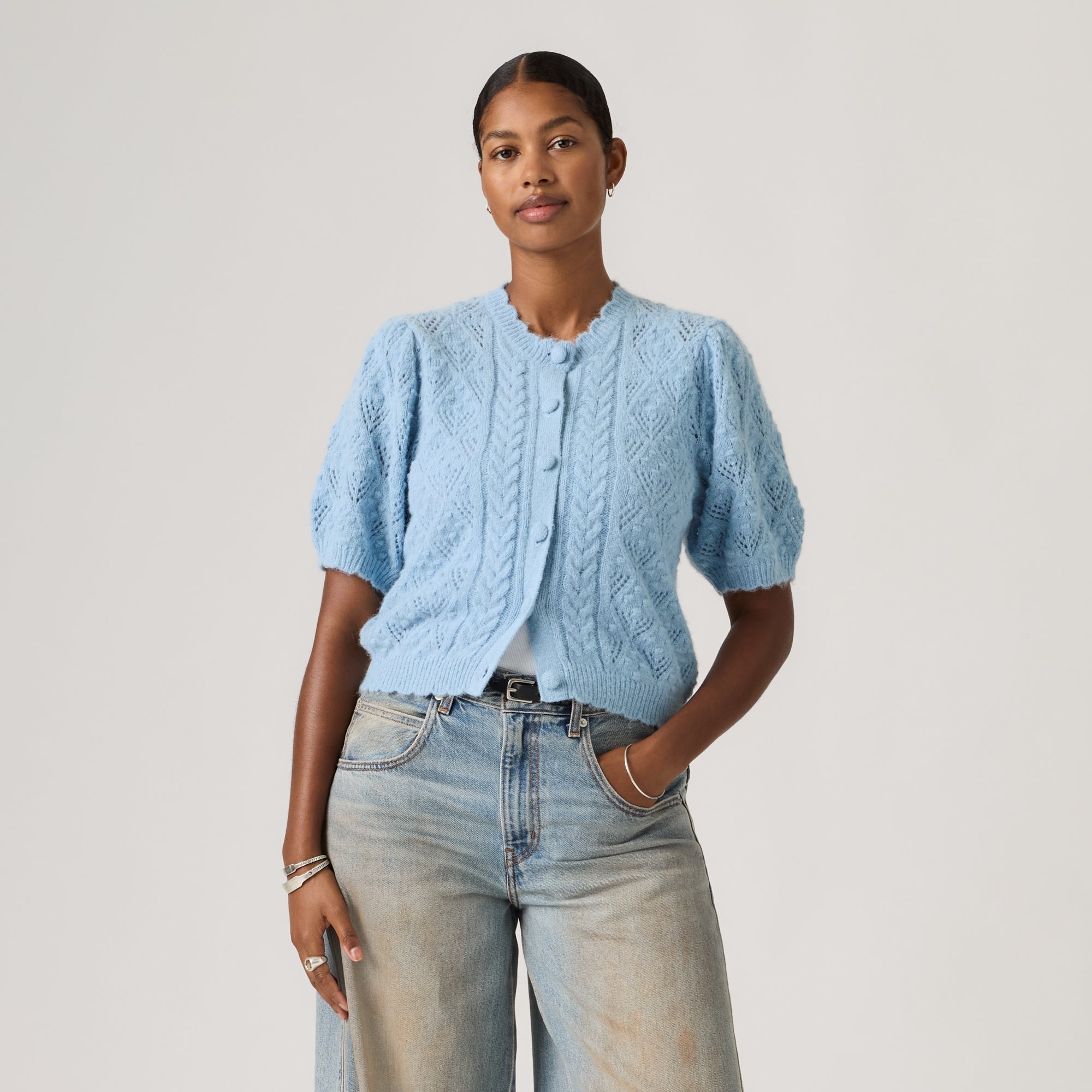 LEVI'S® WOMEN'S PAULINE POINTELLE SHORT-SLEEVE CARDIGAN - BLUE