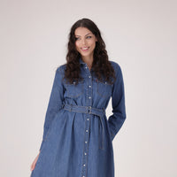 LEVI'S® WOMEN'S QUINCEY LONG-SLEEVE MAXI DRESS - MED INDIGO - FLAT FINISH