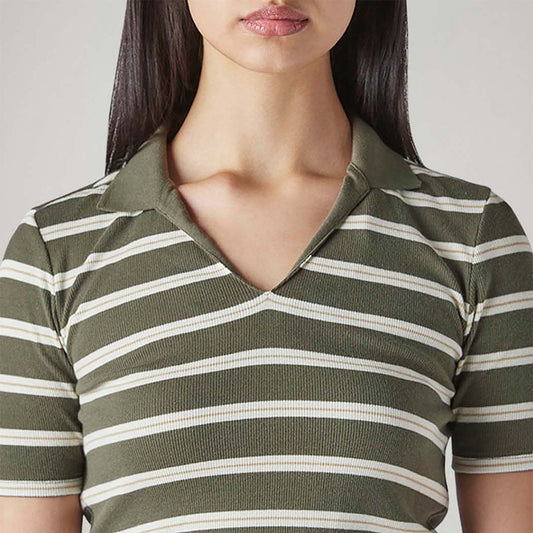 LEVI'S® WOMEN'S STRIPED OLIVE SLIM FIT RIBBED POLO T-SHIRT - MULTI-COLOR