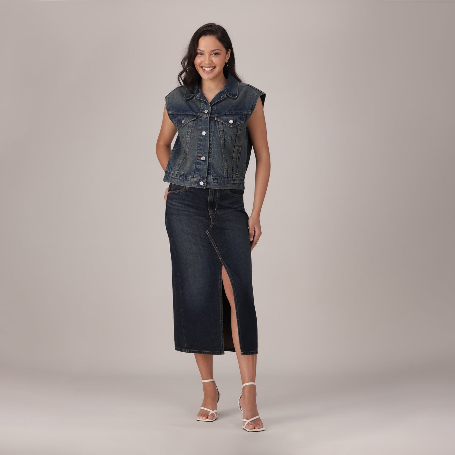 LEVI'S® WOMEN'S DECONSTRUCTED SLIT MIDI SKIRT - DARK INDIGO - WORN IN