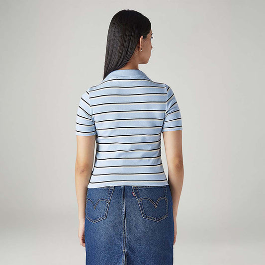 LEVI'S® WOMEN'S STRIPED LIGHT-BLUE SLIM FIT RIBBED POLO T-SHIRT - MULTI-COLOR