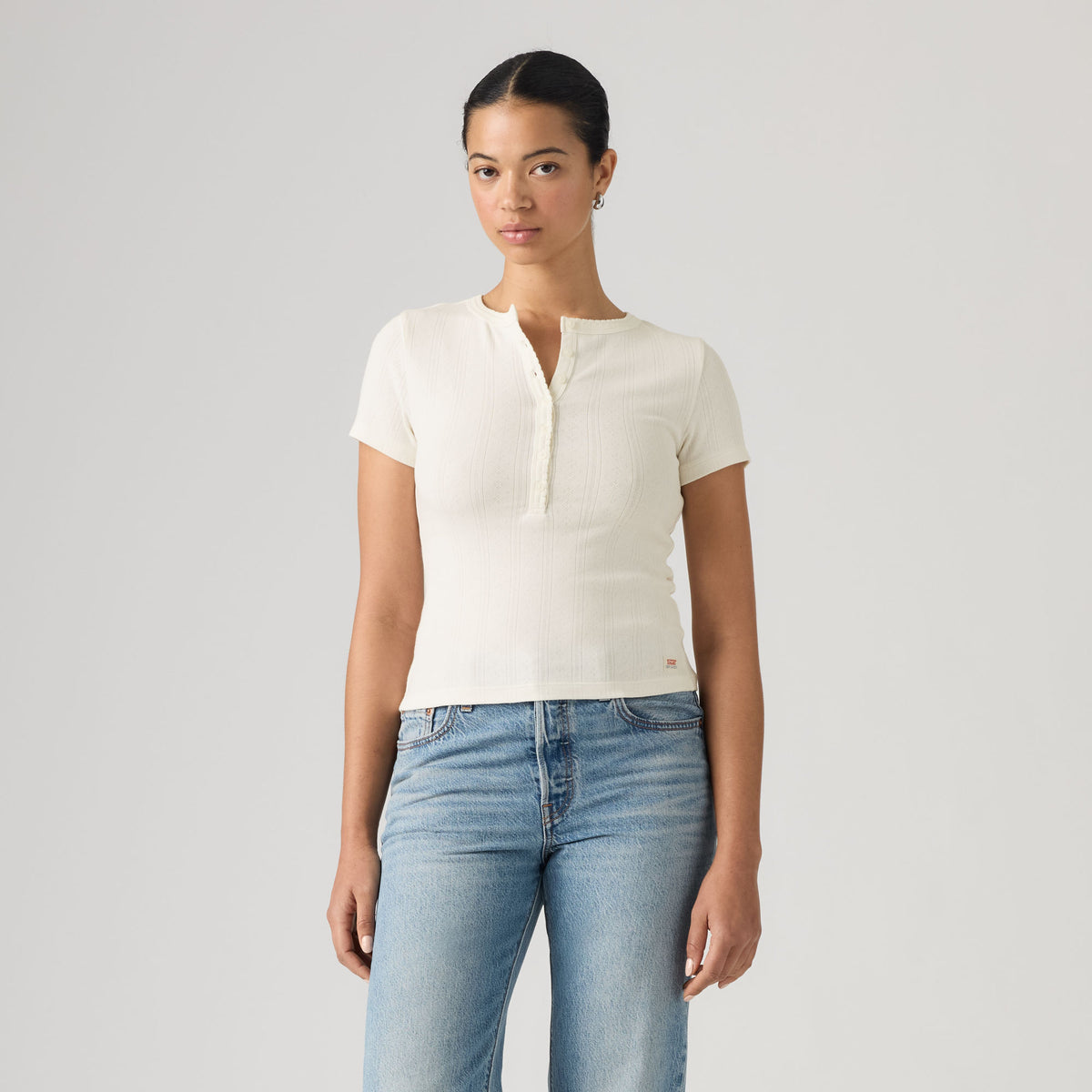 LEVI'S® WOMEN'S DRY GOODS POINTELLE SHORT-SLEEVE HENLEY - WHITE
