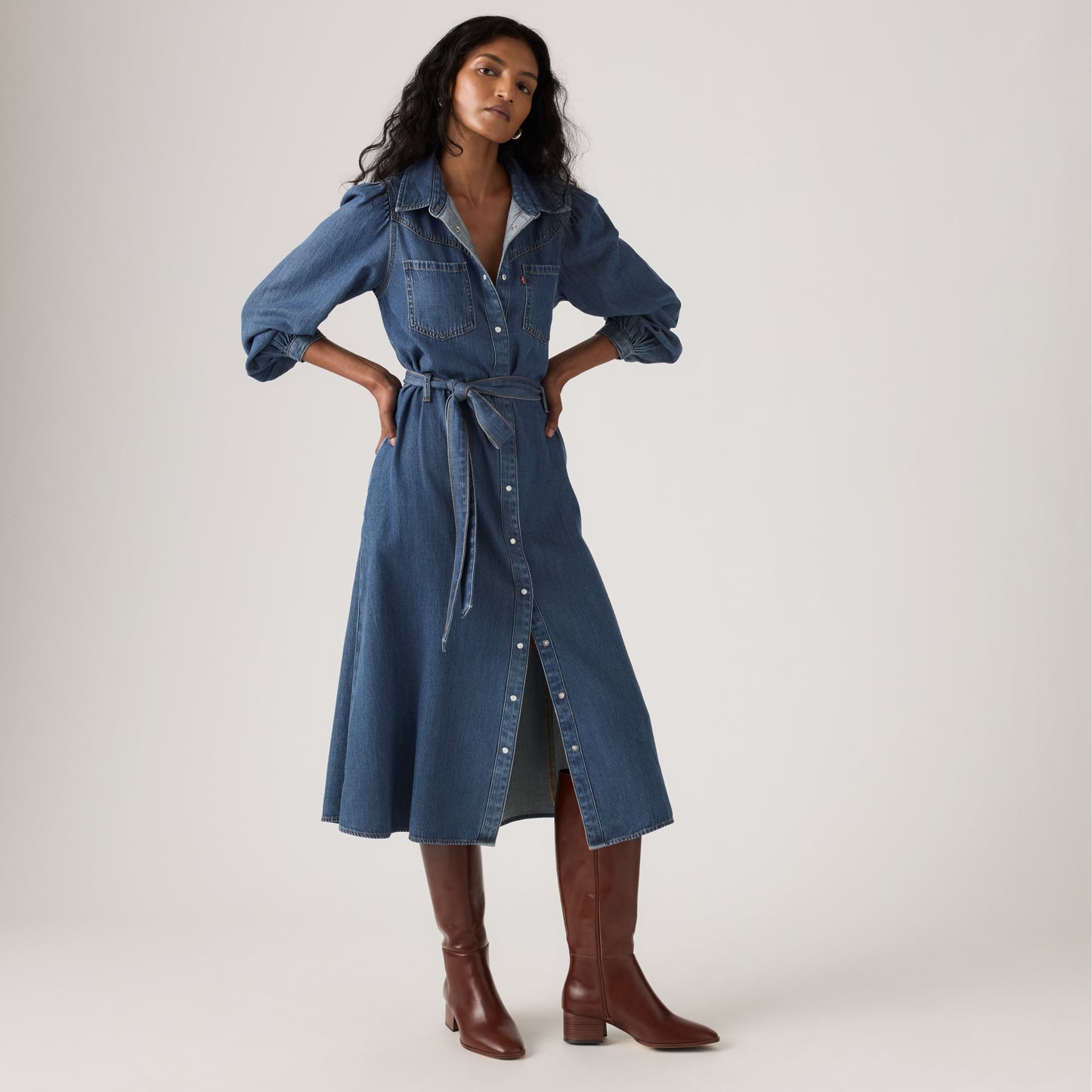 LEVI'S® WOMEN'S JOURNEY LONG-SLEEVE MAXI DRESS - MED INDIGO - FLAT FINISH