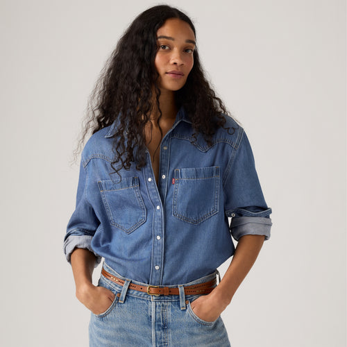 LEVI'S® WOMEN'S  LIGHTWEIGHT TEODORA WESTERN SHIRT - MED INDIGO - WORN IN