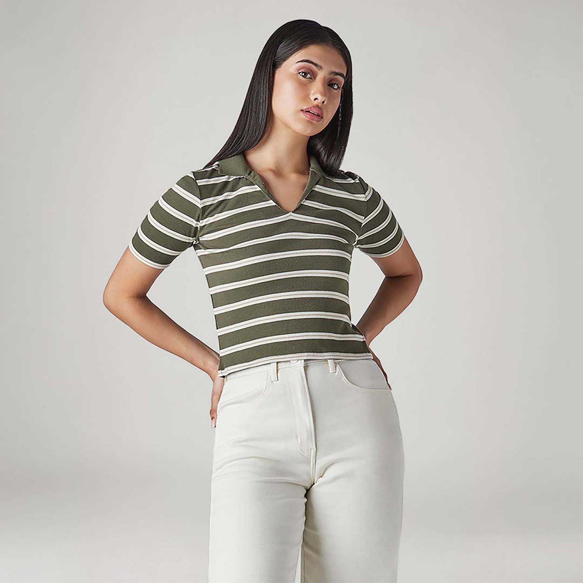 LEVI'S® WOMEN'S STRIPED SLIM FIT RIBBED POLO T-SHIRT - MULTI-COLOR