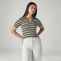 LEVI'S® WOMEN'S STRIPED OLIVE SLIM FIT RIBBED POLO T-SHIRT - MULTI-COLOR