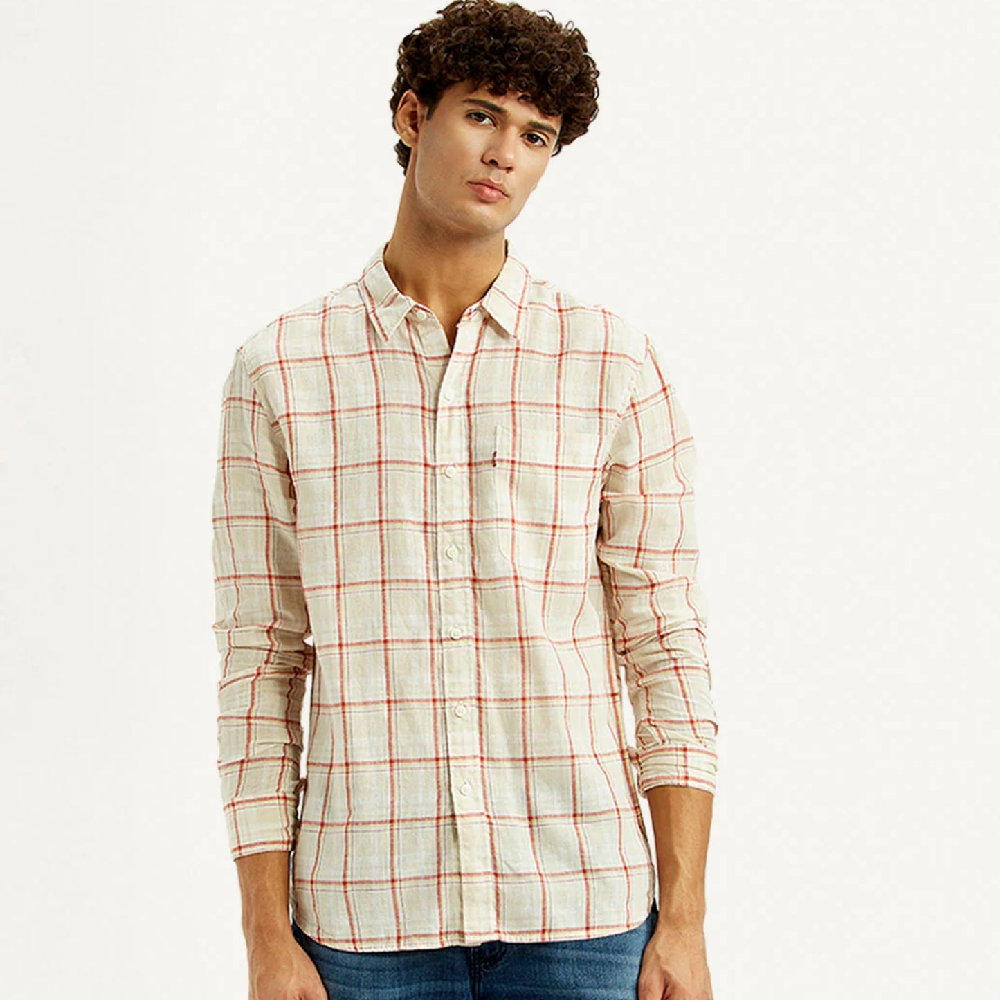 LEVI'S®MEN'S CHECKERED LIGHT PINK SLIM FIT LINEN SHIRT - MULTI COLOUR