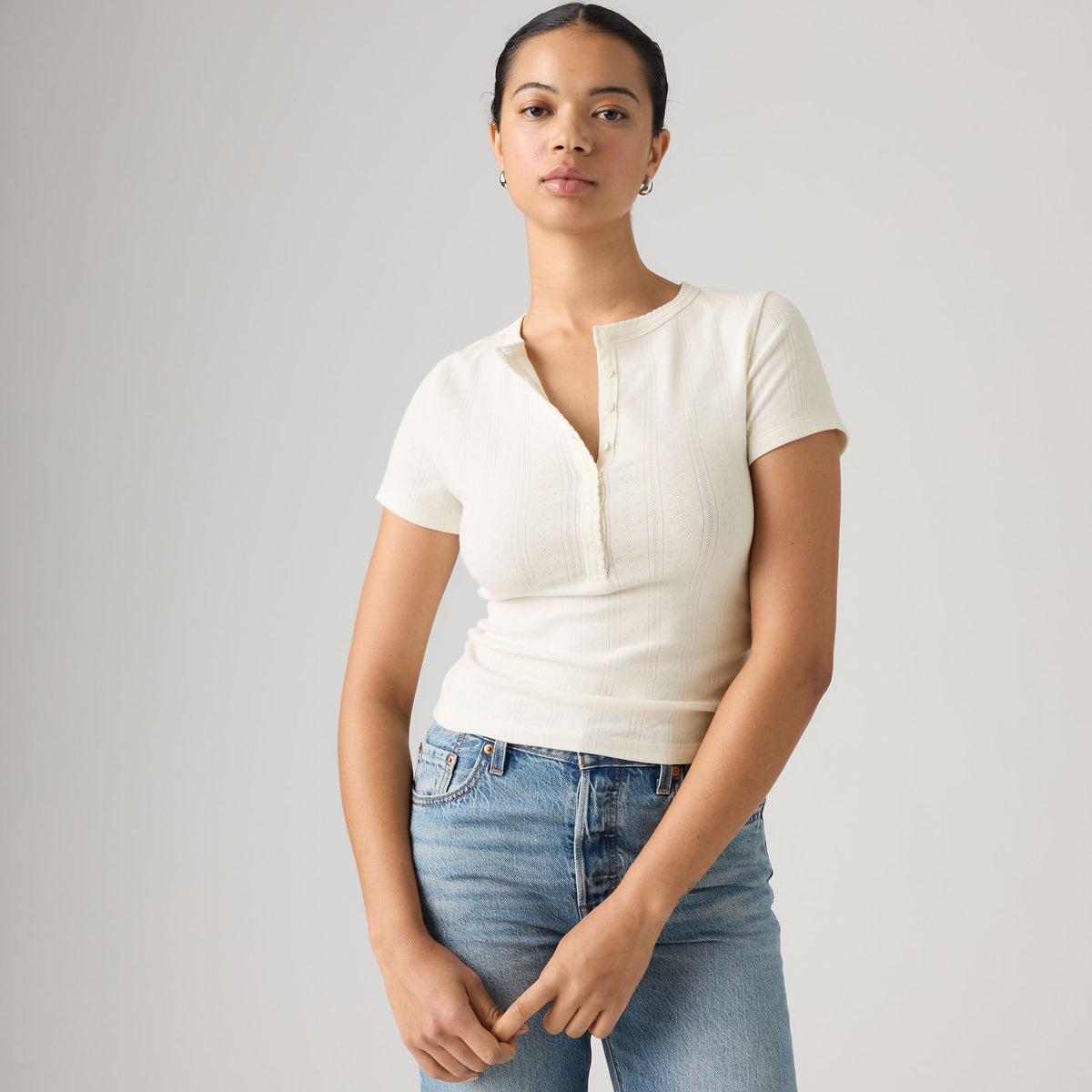 LEVI'S® WOMEN'S DRY GOODS POINTELLE SHORT-SLEEVE HENLEY - WHITE
