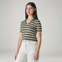 LEVI'S® WOMEN'S STRIPED OLIVE SLIM FIT RIBBED POLO T-SHIRT - MULTI-COLOR