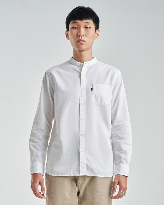 BANDED COLLAR ONE POCKET SHIRT - NEUTRAL