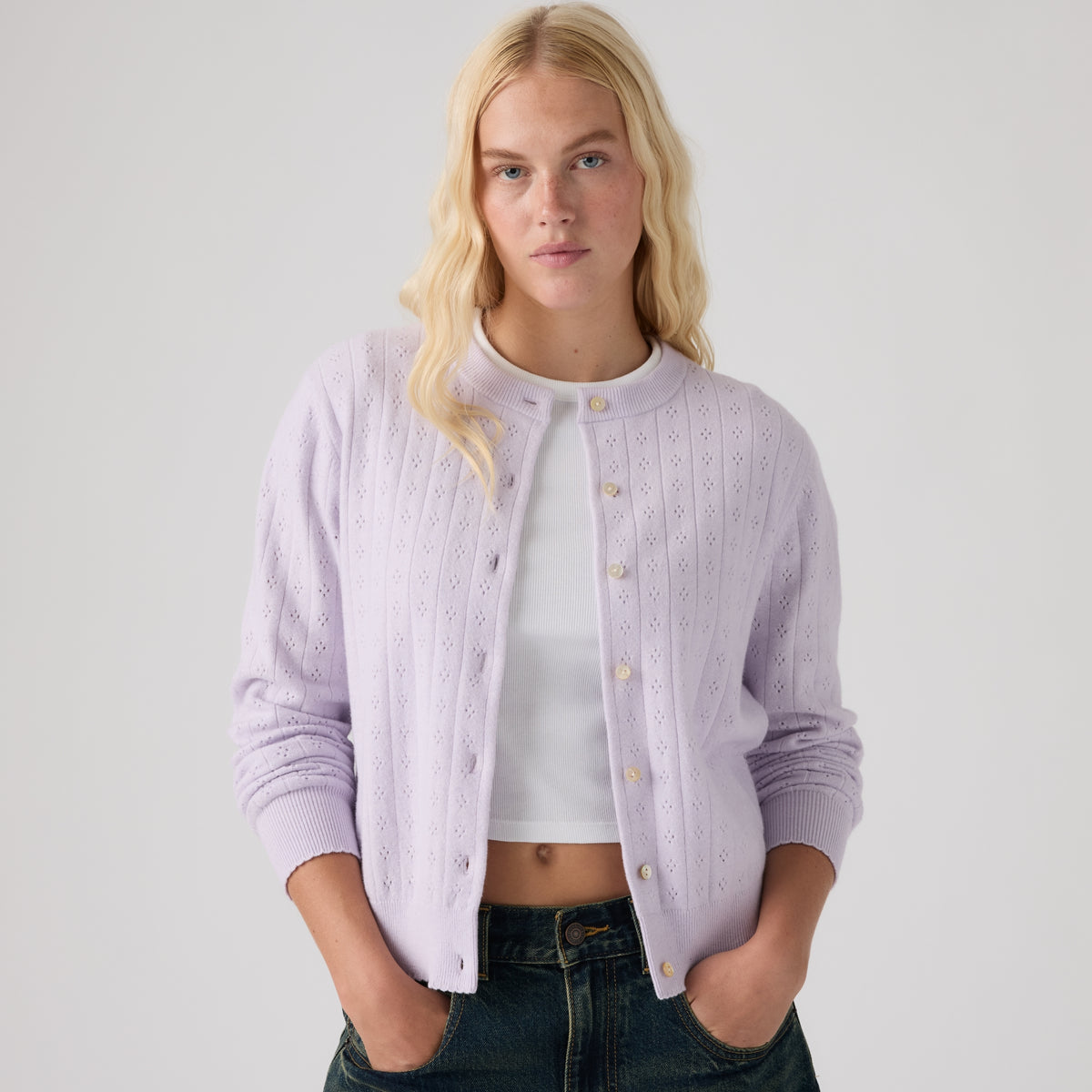 LEVI'S® WOMEN'S SUPERSOFT POINTELLE CREWNECK CARDIGAN - BLUE