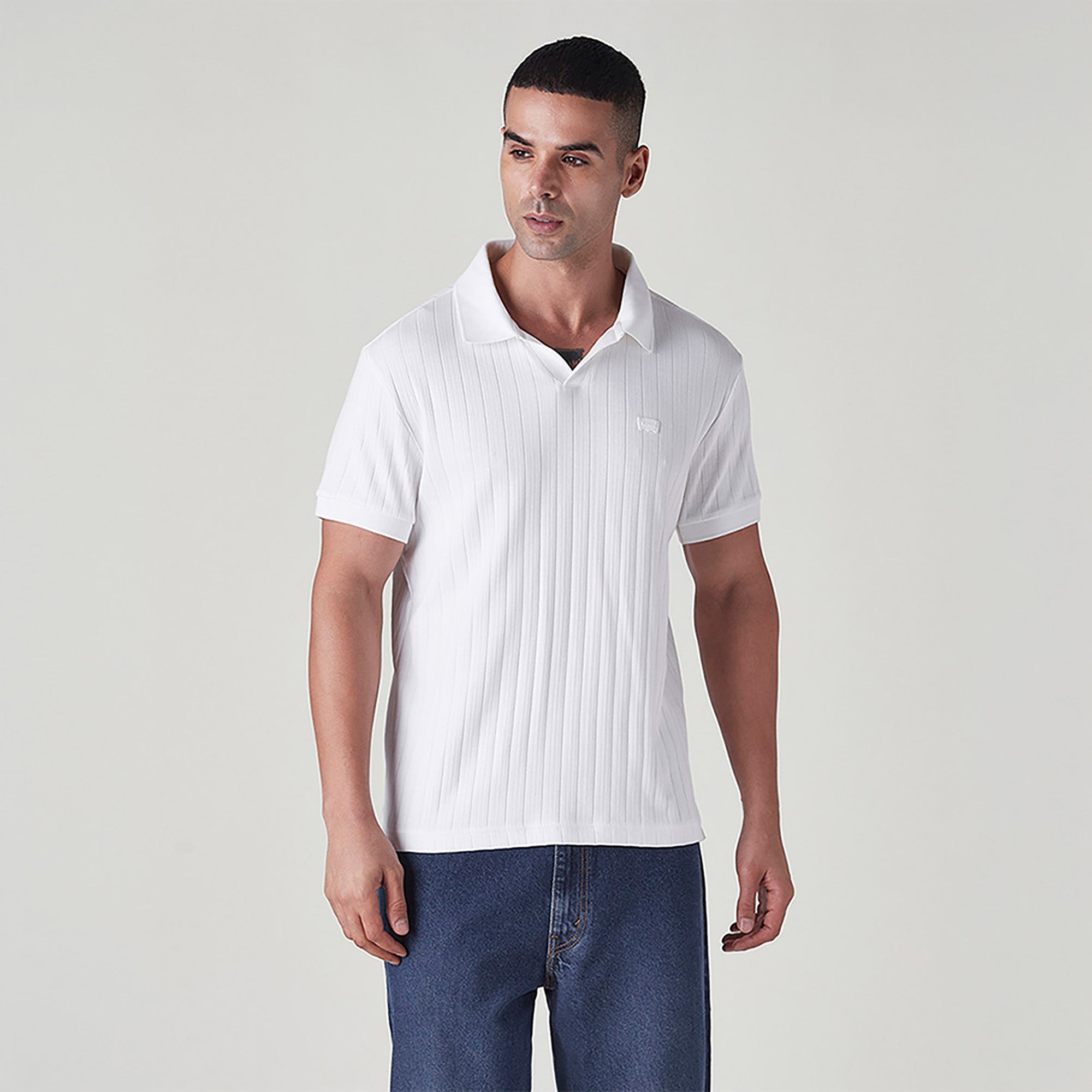 MEN'S TEXTURED WHITE RIBBED POLO T SHIRT - WHITE