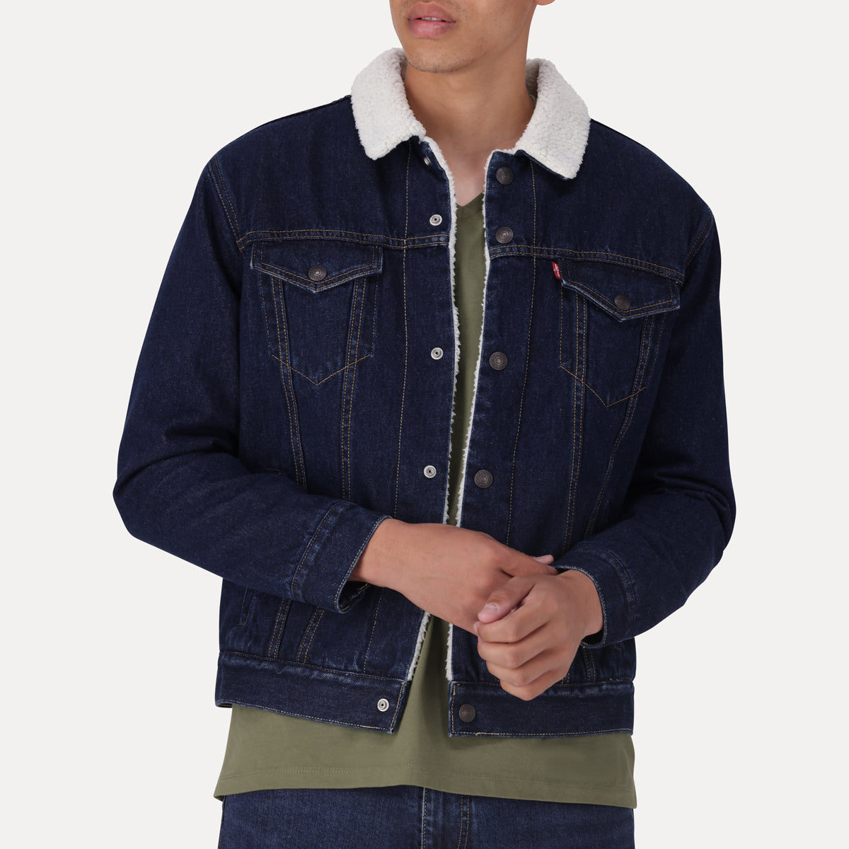 LEVI'S® MEN'S TYPE III SHERPA TRUCKER JACKET - MED INDIGO - WORN IN