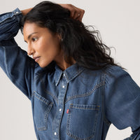 LEVI'S® WOMEN'S JOURNEY LONG-SLEEVE MAXI DRESS - MED INDIGO - FLAT FINISH