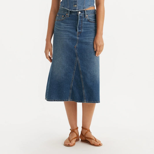 LEVI'S® WOMEN'S HIGH-RISE A-LINE DECONSTRUCTED SKIRT - MED INDIGO - WORN IN