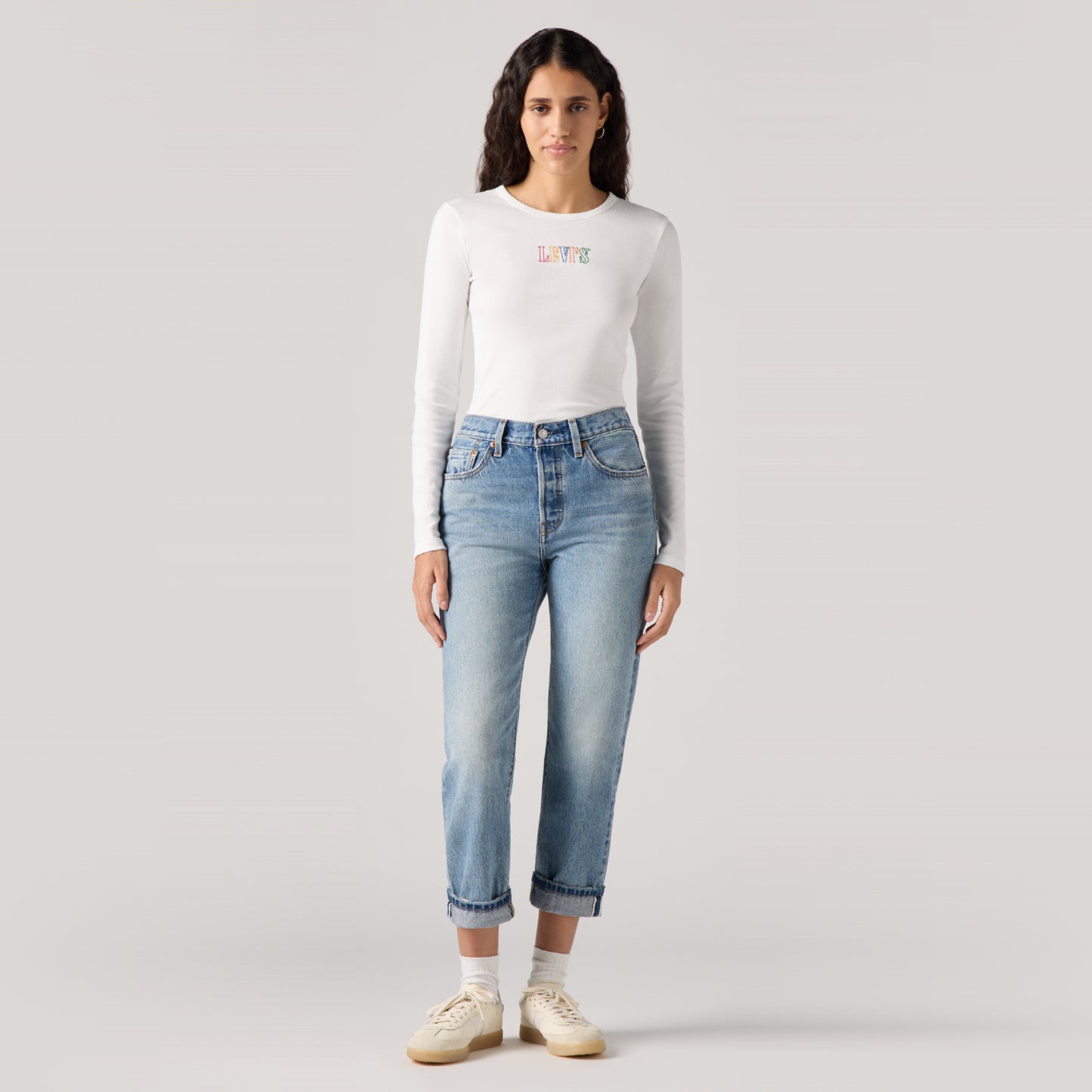LEVI'S® WOMEN'S 501® ORIGINAL CROPPED SELVEDGE JEANS - MED INDIGO - WORN IN