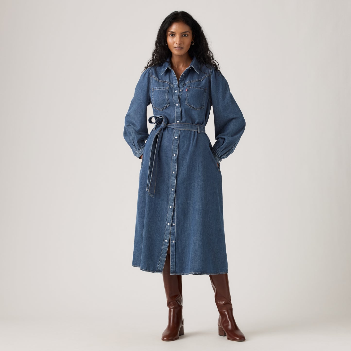 LEVI'S® WOMEN'S JOURNEY LONG-SLEEVE MAXI DRESS - MED INDIGO - FLAT FINISH