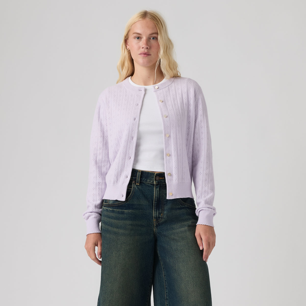 LEVI'S® WOMEN'S SUPERSOFT POINTELLE CREWNECK CARDIGAN - BLUE